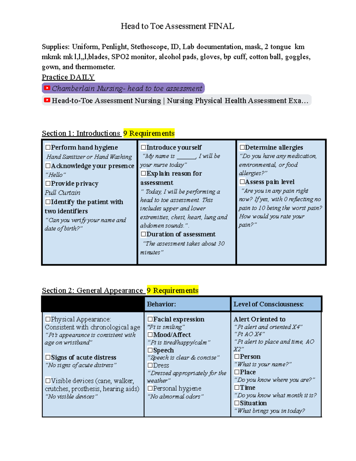Head to Toe Assessment Supplies Uniform, Penlight, Stethoscope, ID