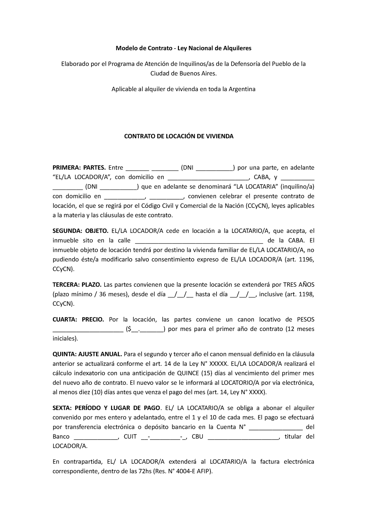 Contrato De Alquiler Nueva Ley Modelo De Contrato Ley Nacional De Alquileres Elaborado Por 9836