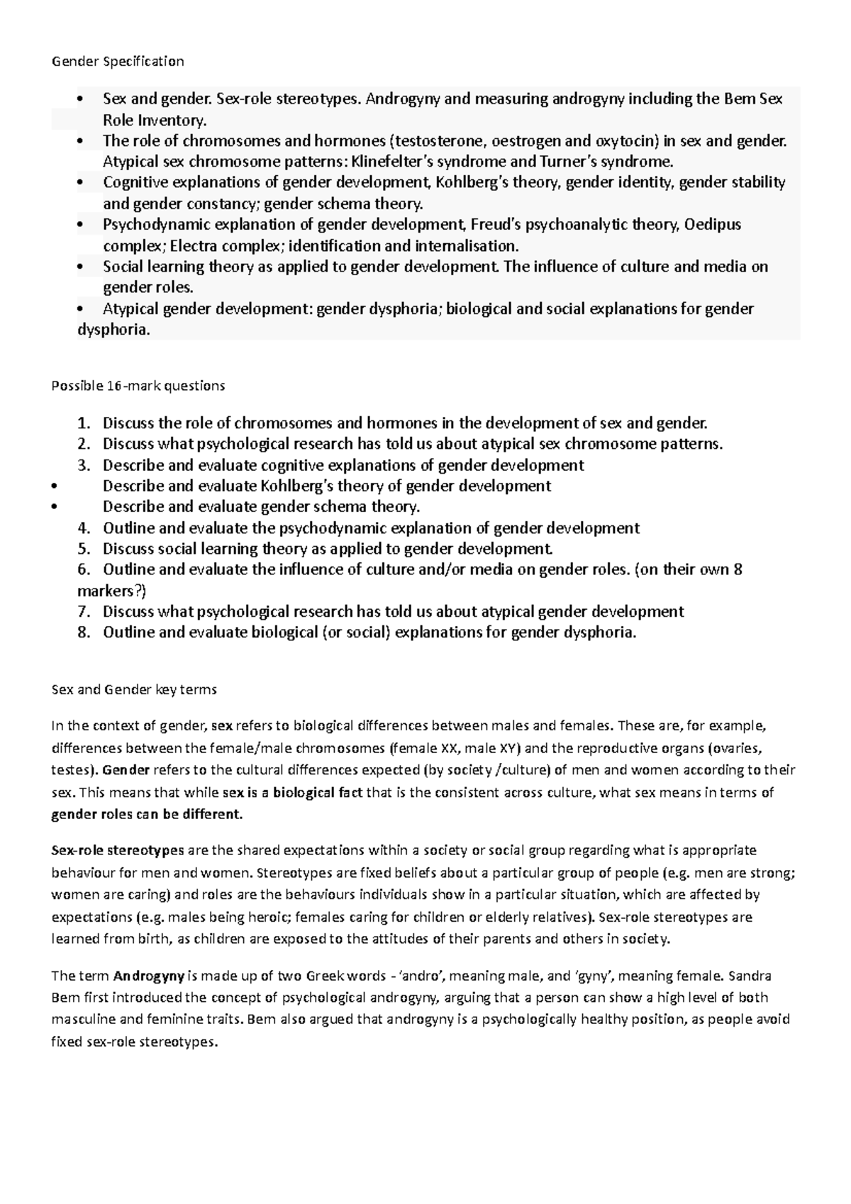 Gender revision notes 2019 - Gender Specification Sex and gender. Sex ...