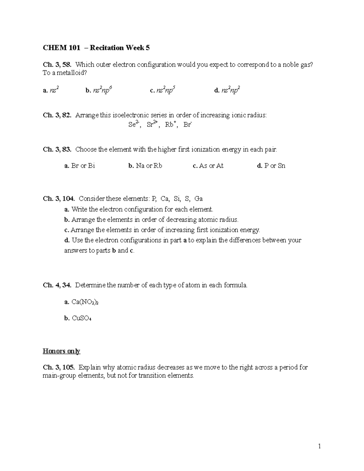 CHEM 101 Recitation Week 5 - CHEM 101 – Recitation Week 5 Ch. 3, 58 ...