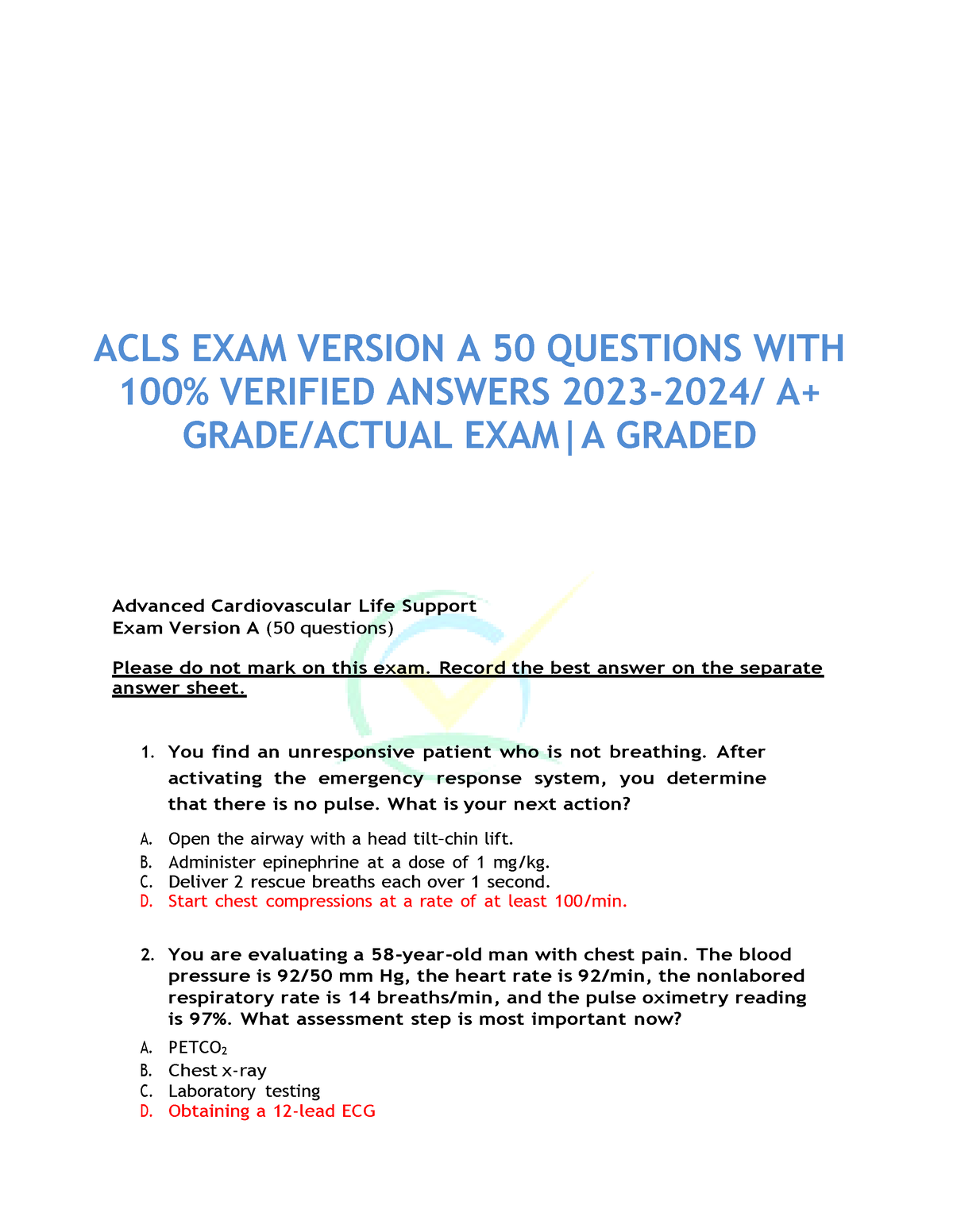 2 acls exam version a ACLS EXAM VERSION A 50 QUESTIONS WITH 100
