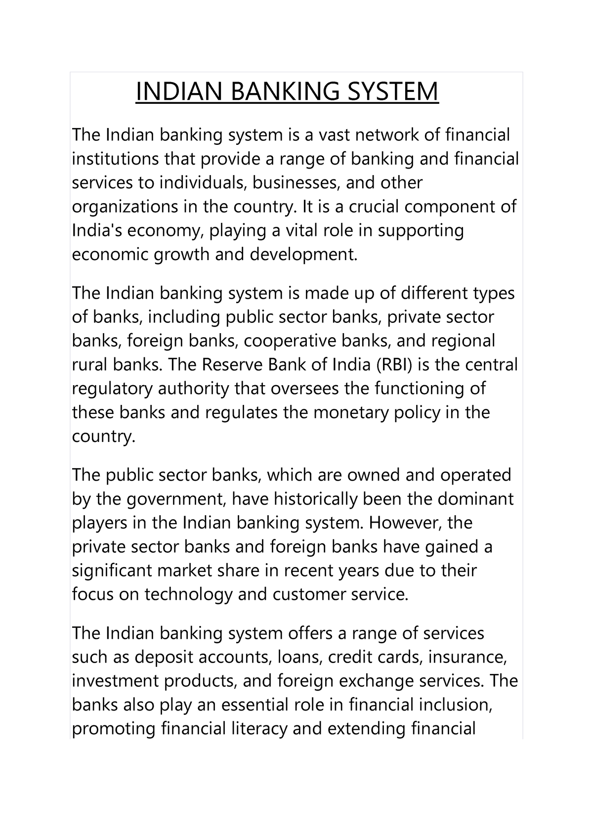 essay on banking system in india