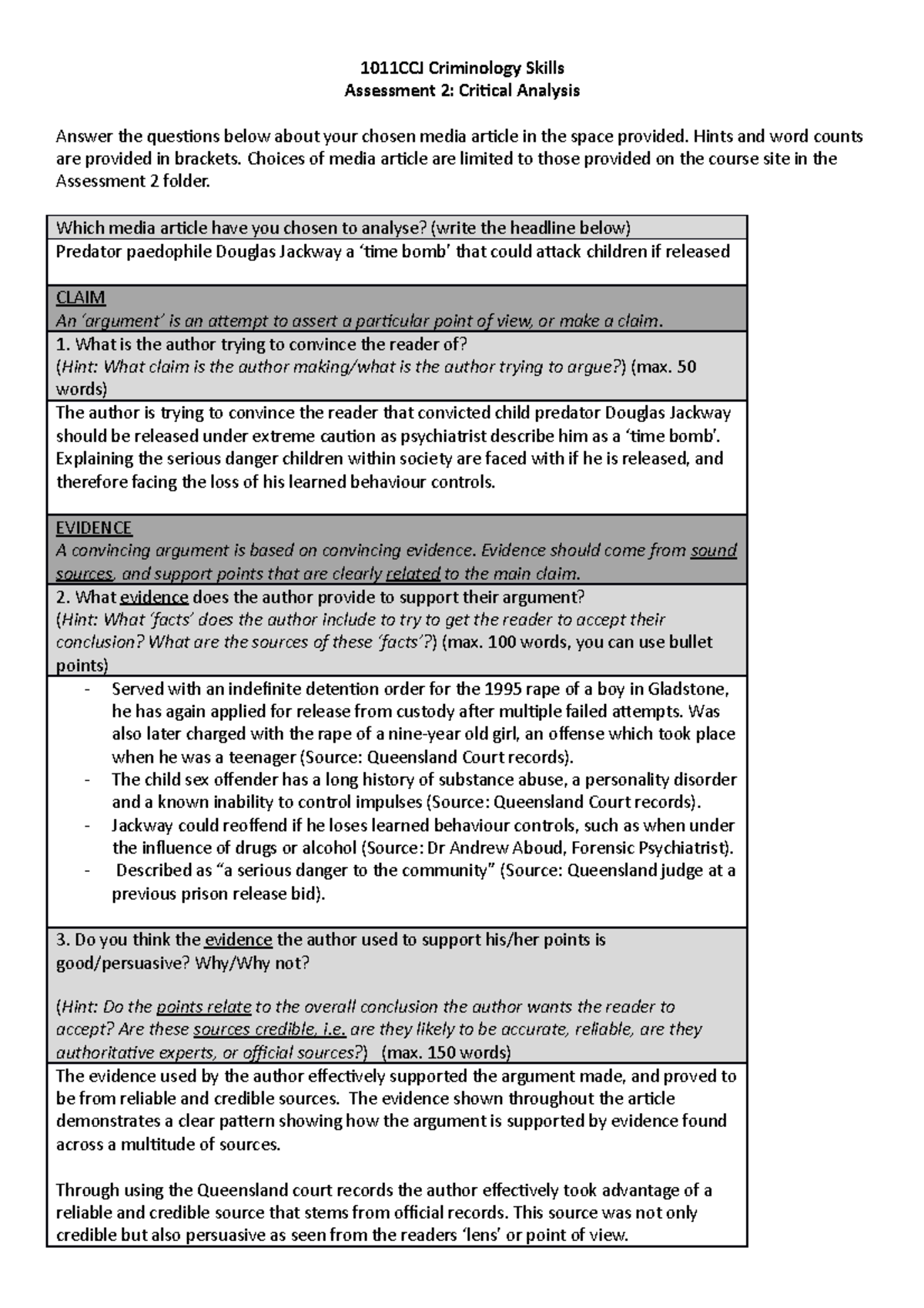 1011CCJ Assesment 2 (Week 3) - 1011CCJ Criminology Skills Assessment 2 ...