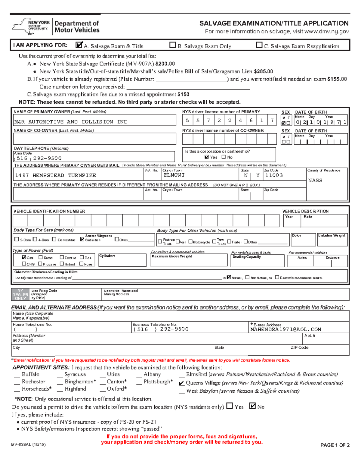 Salvage Application For New York Is This A Corporation Or Partnership 