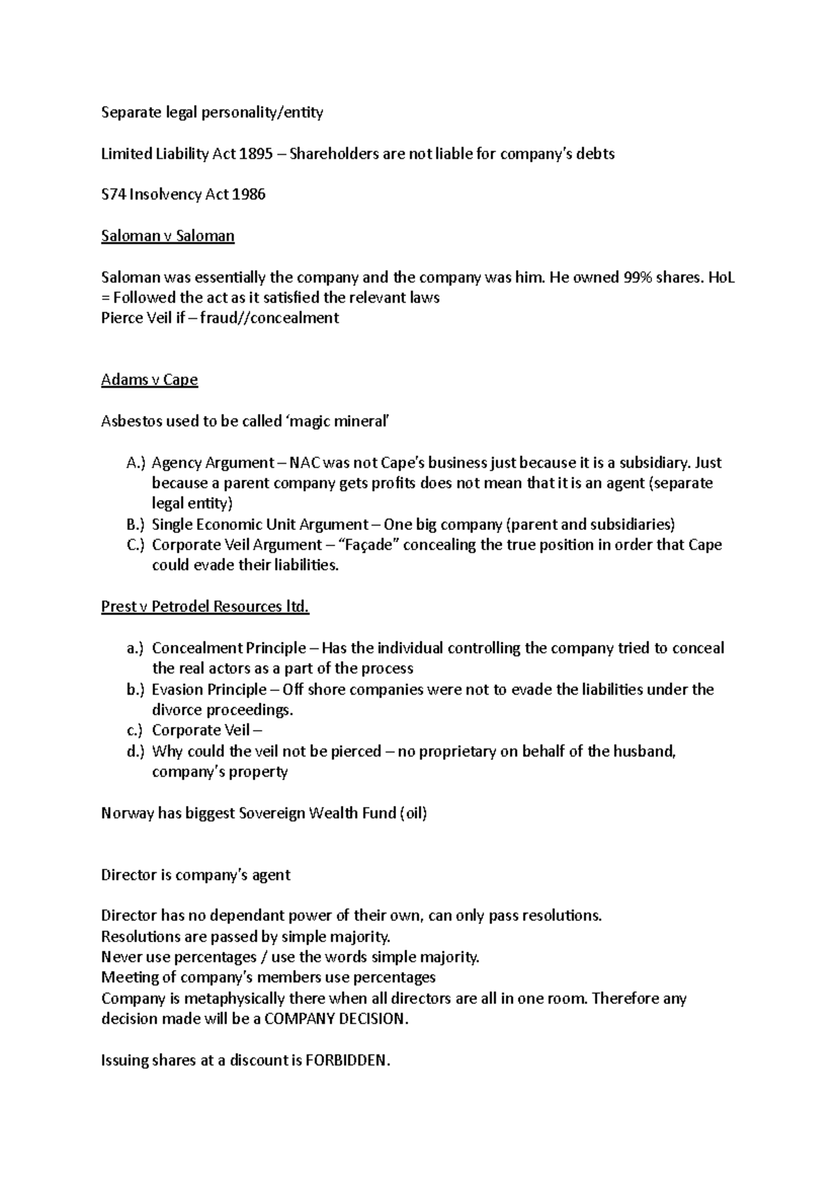 WS 2 Notes - Separate legal personality/entity Limited Liability Act ...