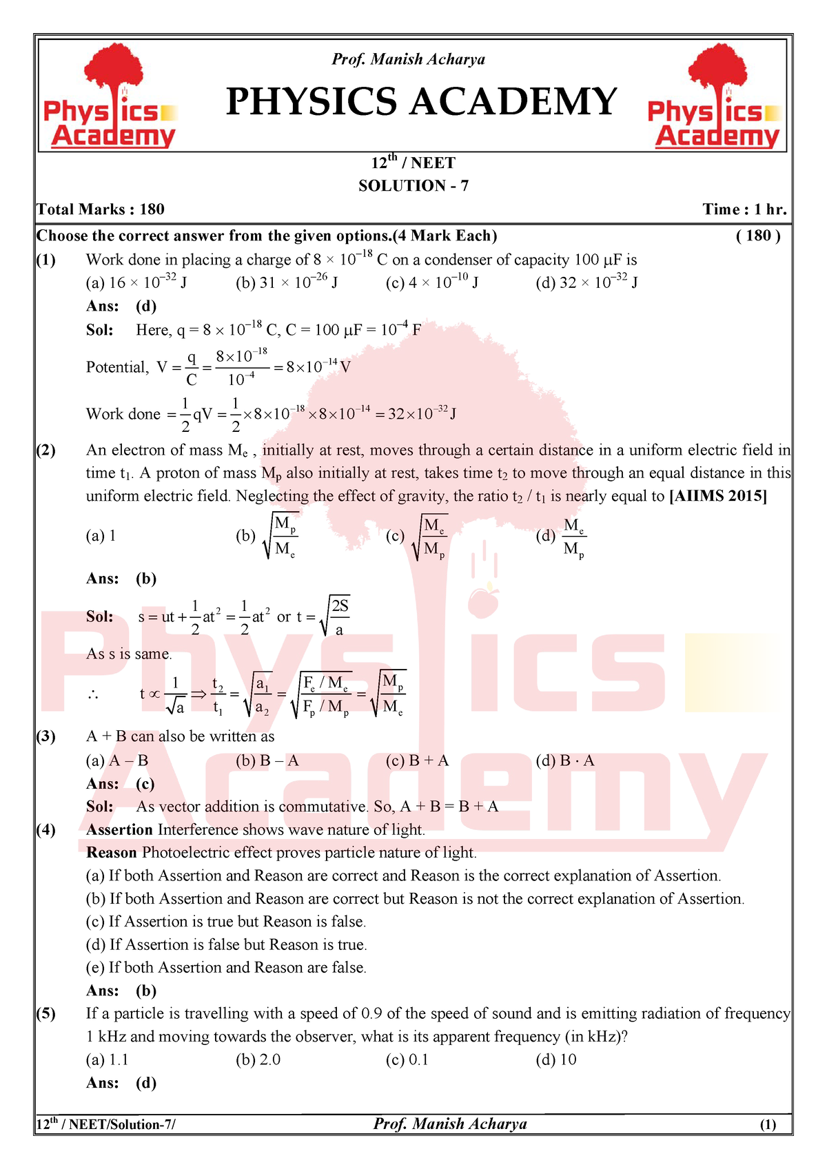 NEET-FULL Course-7- Solution - th 12 th / NEET SOLUTION - 7 Total Marks ...