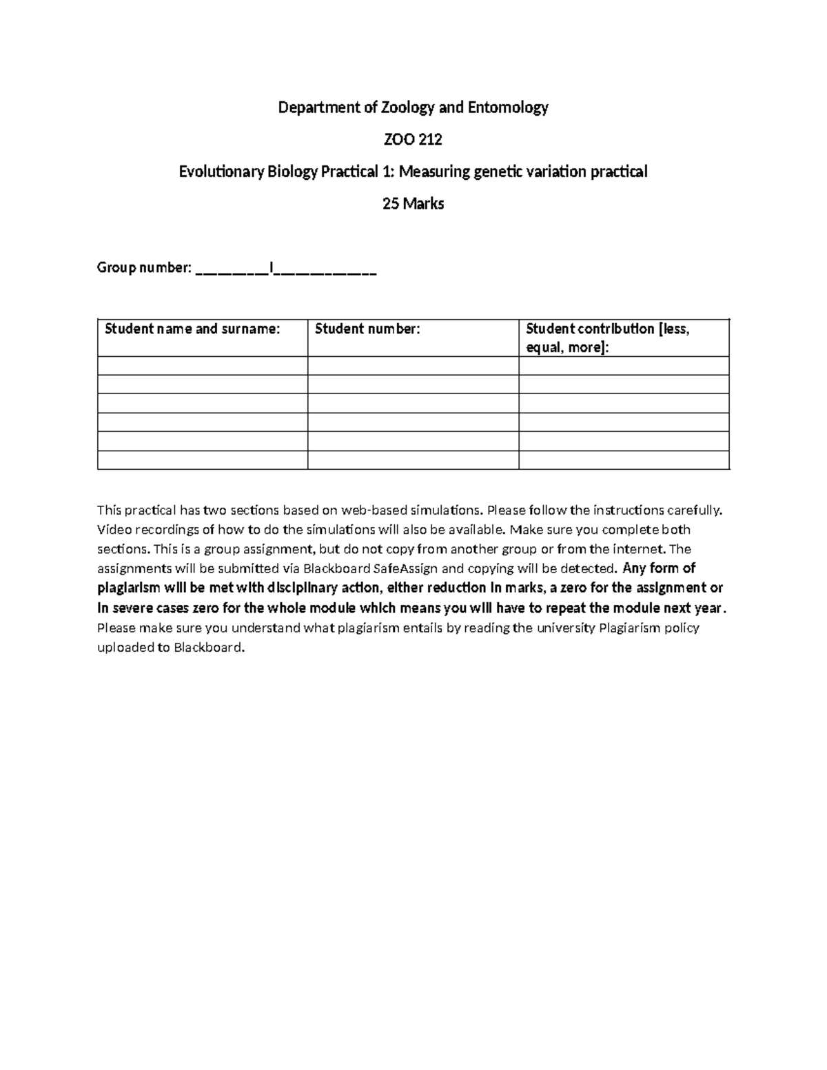 2024 ZOO 212 – Genetic variation practical - Worksheet answers ...