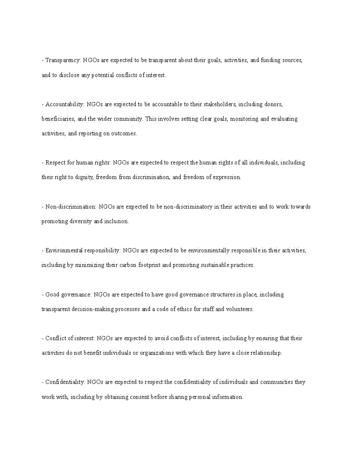Notes on NGO Ethical Guidelines - Transparency: NGOs are expected to be ...