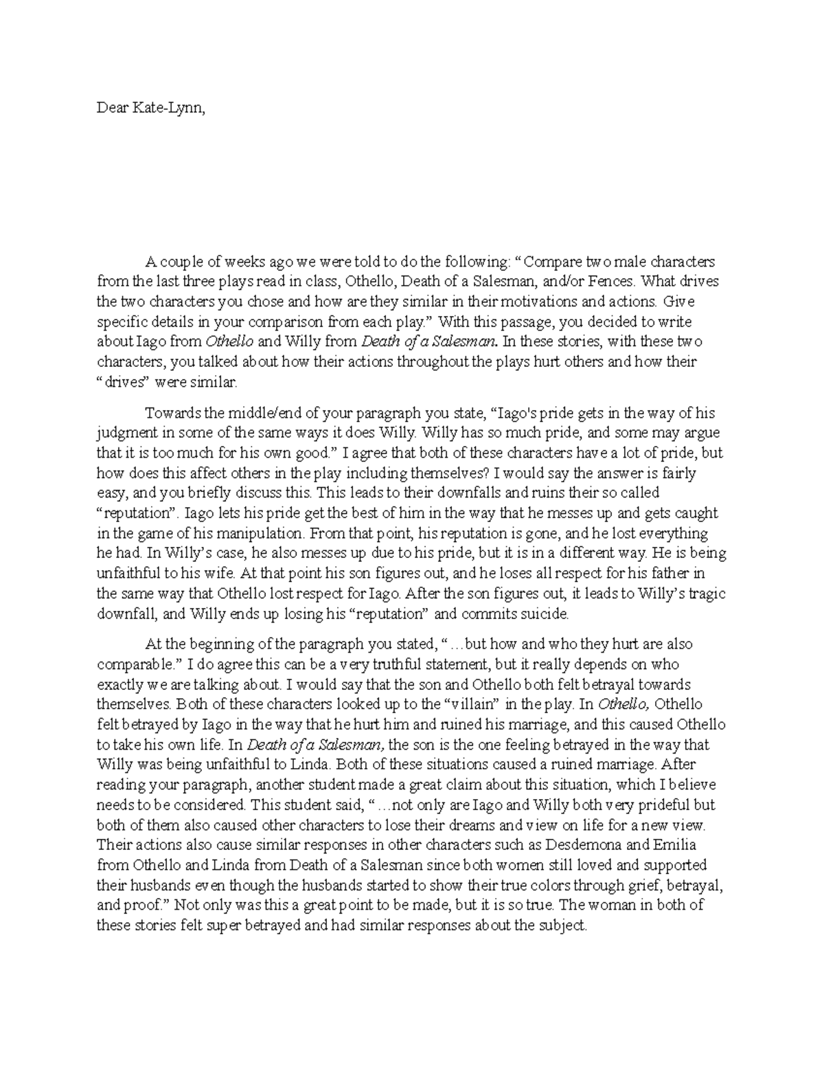 Drop Box #3 - completing drop box assignment - Dear Kate-Lynn, A couple ...