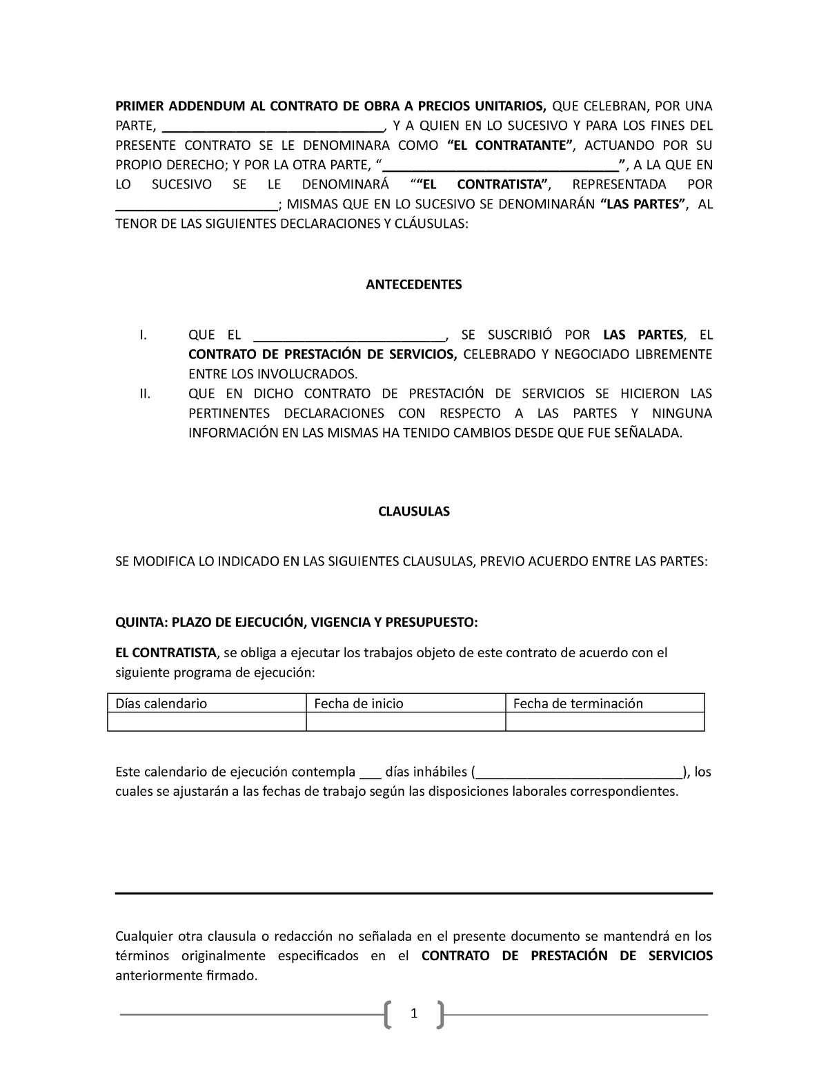 Adendum Contrato de Obra - PRIMER ADDENDUM AL CONTRATO DE OBRA A PRECIOS  UNITARIOS, QUE CELEBRAN, - Studocu