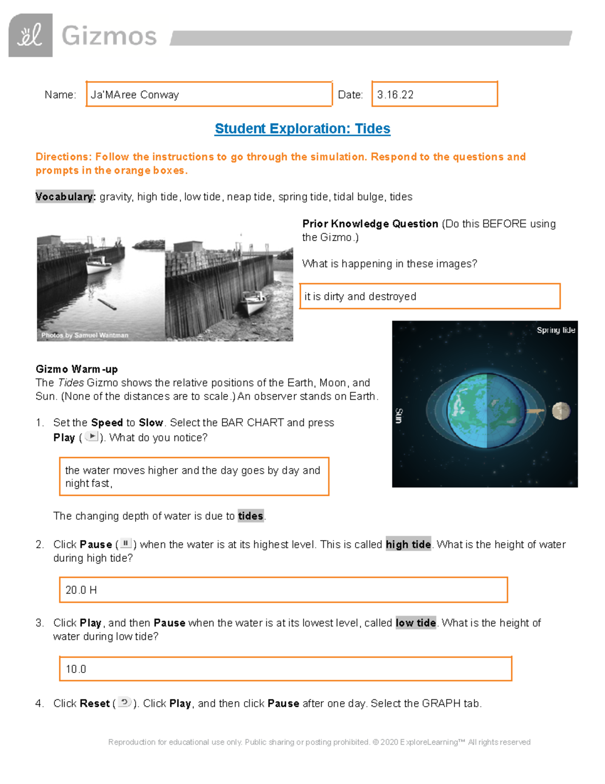 Gizmo Tides SE Assignment Answers Name Ja MAree Conway Date 3 