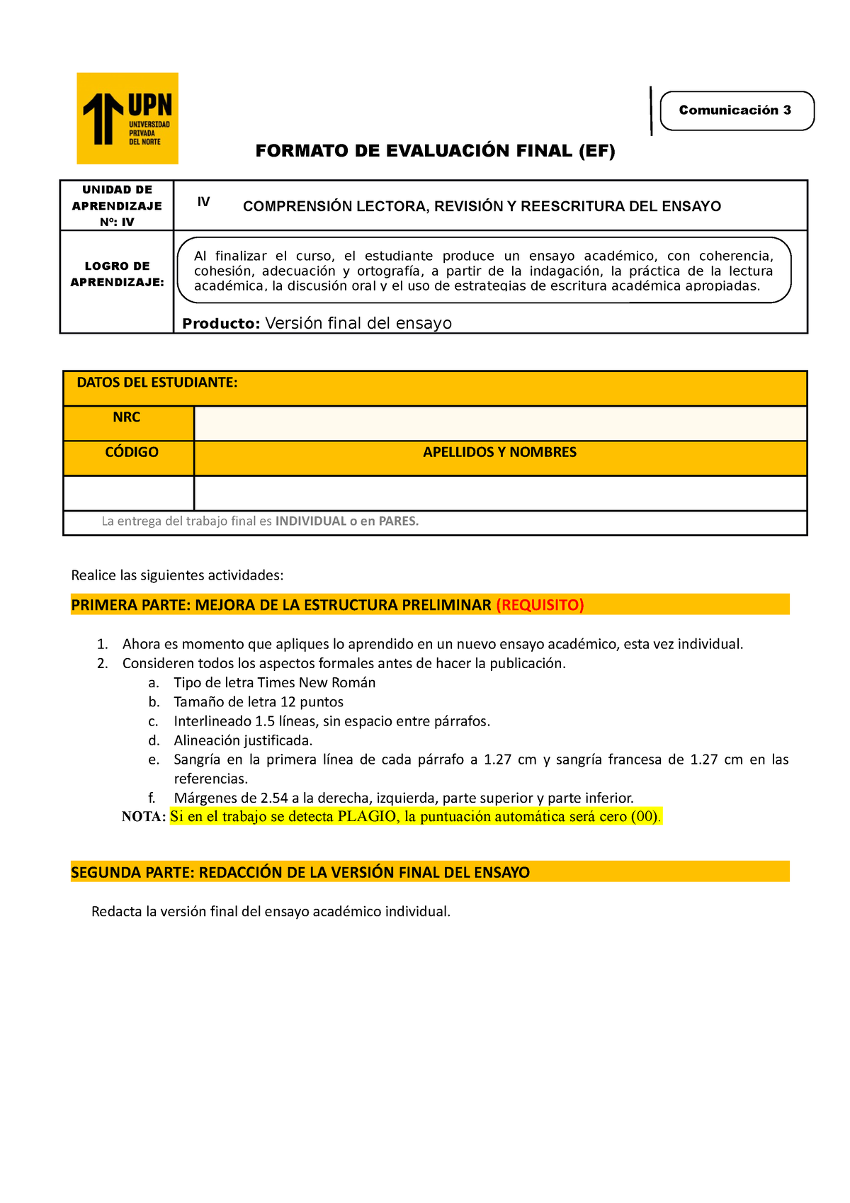 Formato Y Rúbrica Del EF - FORMATO DE EVALUACIÓN FINAL (EF) UNIDAD DE ...