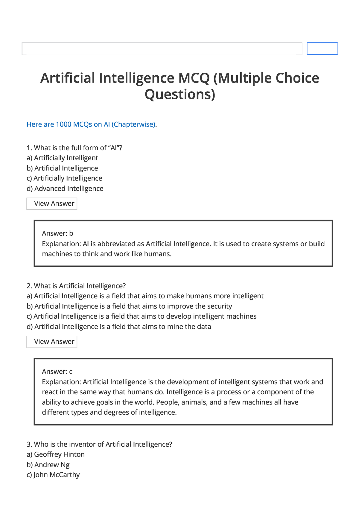 (AI)- Sanfoundry - Artificial Intelligence MCQ - Articial Intelligence ...