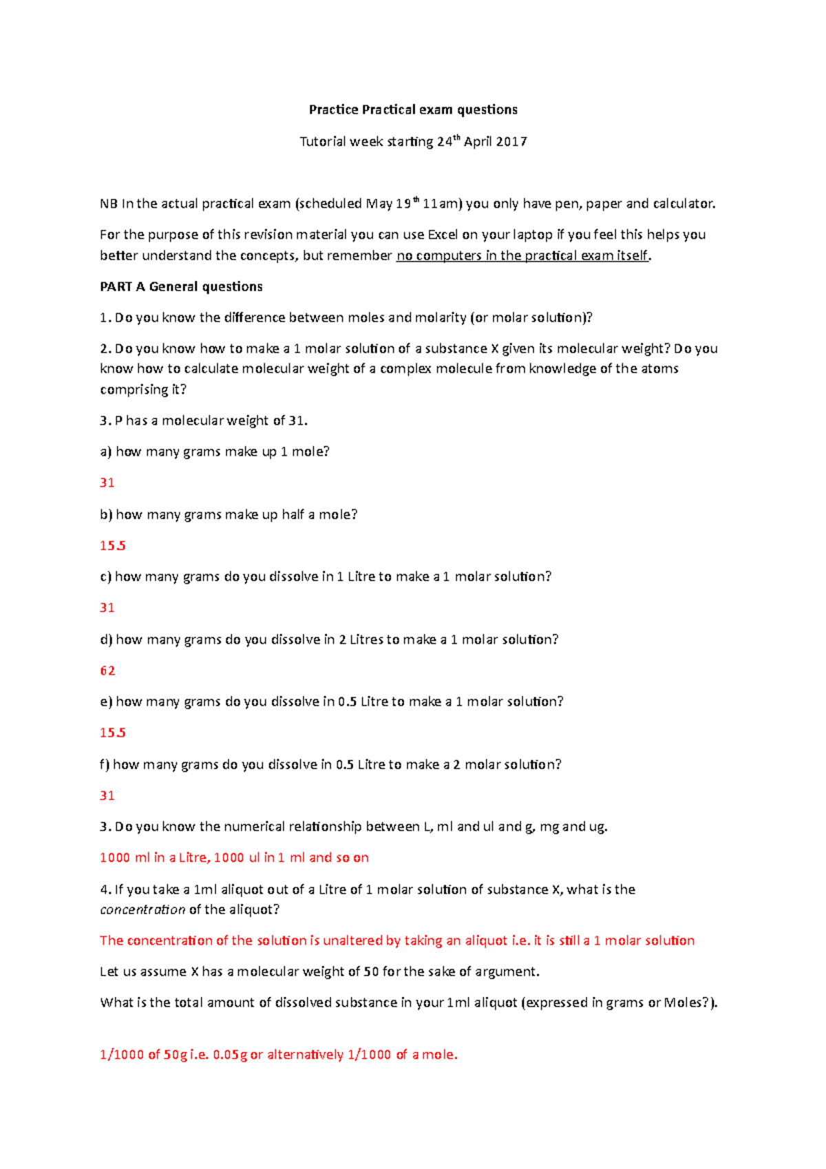 Practice Practical exam questions Tutorial week starting 24th April