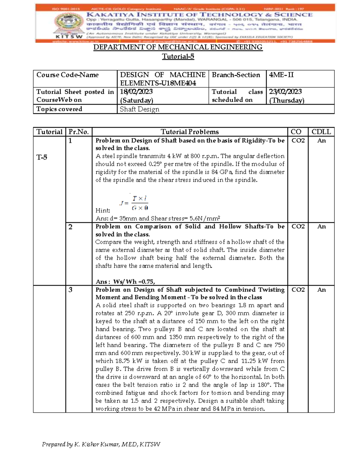 Tutorial-5 - Important questions in DESIGN OF MACHINE - Prepared by K ...