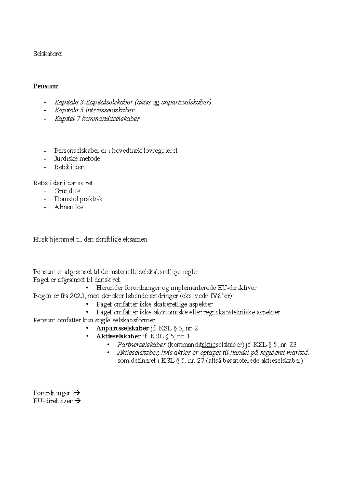 Selskabsret Eksamensnoter - Selskabsret Pensum: Kapitale 3 ...