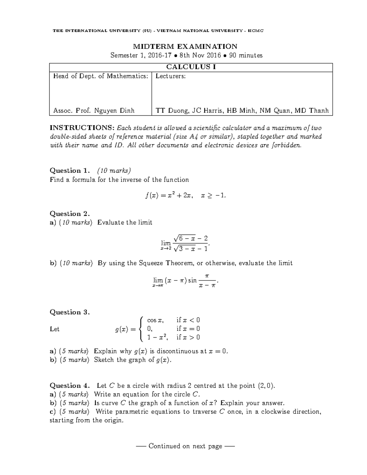 Calculus 1 Midterm Semester 1 2016 - 2017 - THE INTERNATIONAL ...