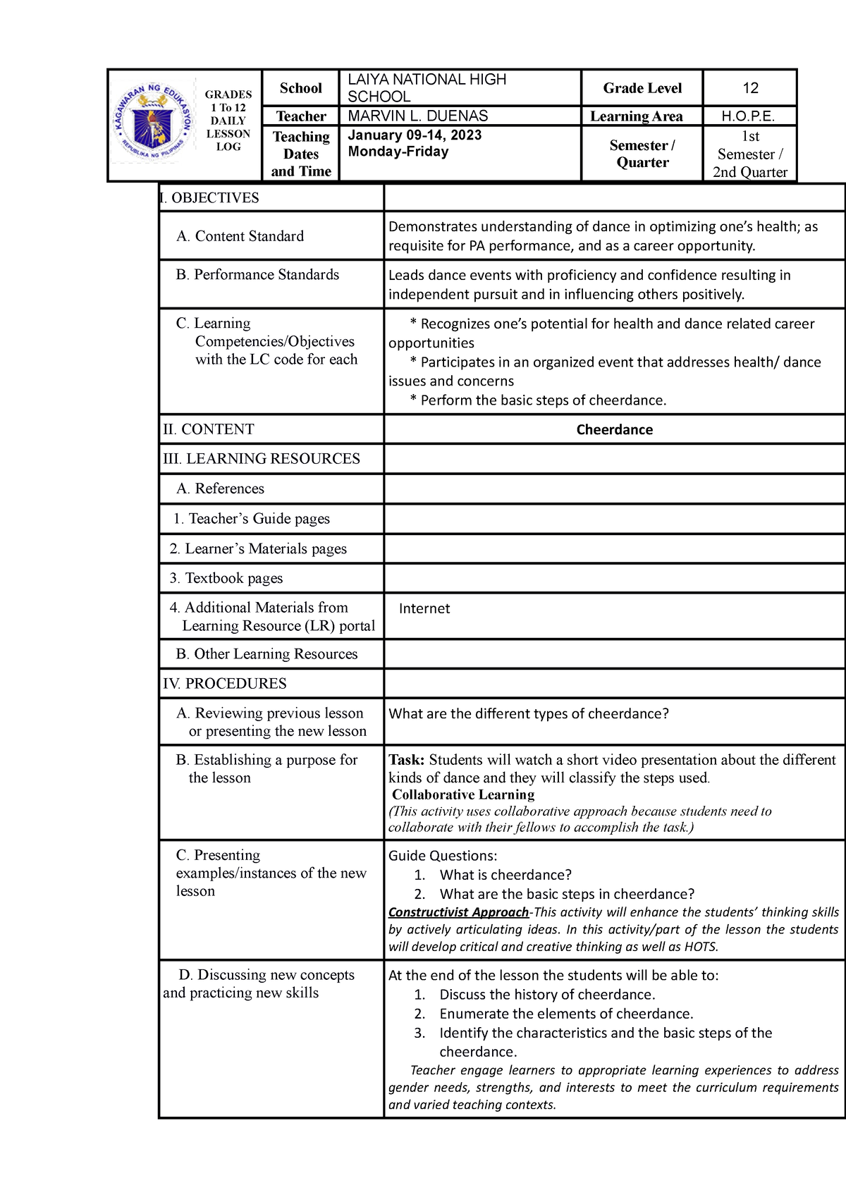 Marvs-DLL-Cheerdance 2021 - GRADES 1 To 12 DAILY LESSON LOG School ...