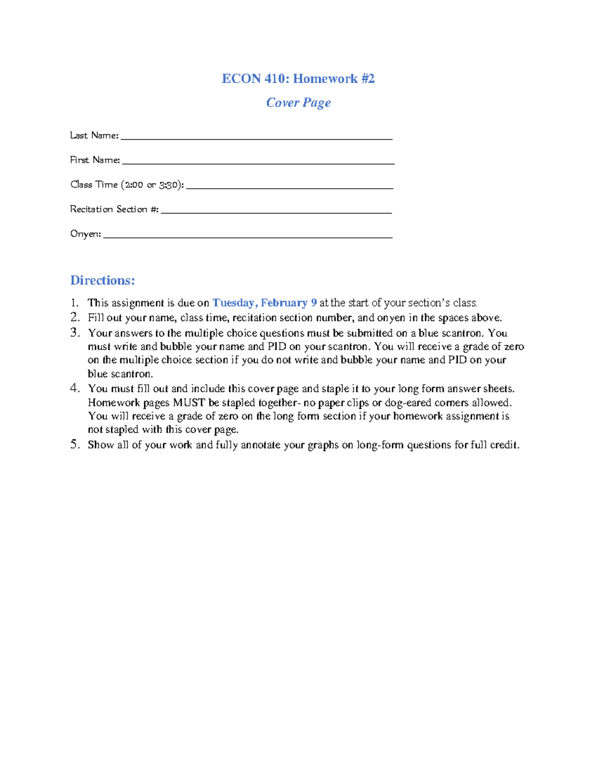 Spring 2016 Homework+ 2 - ECON 410: Homework #2 Cover Page Last Name ...