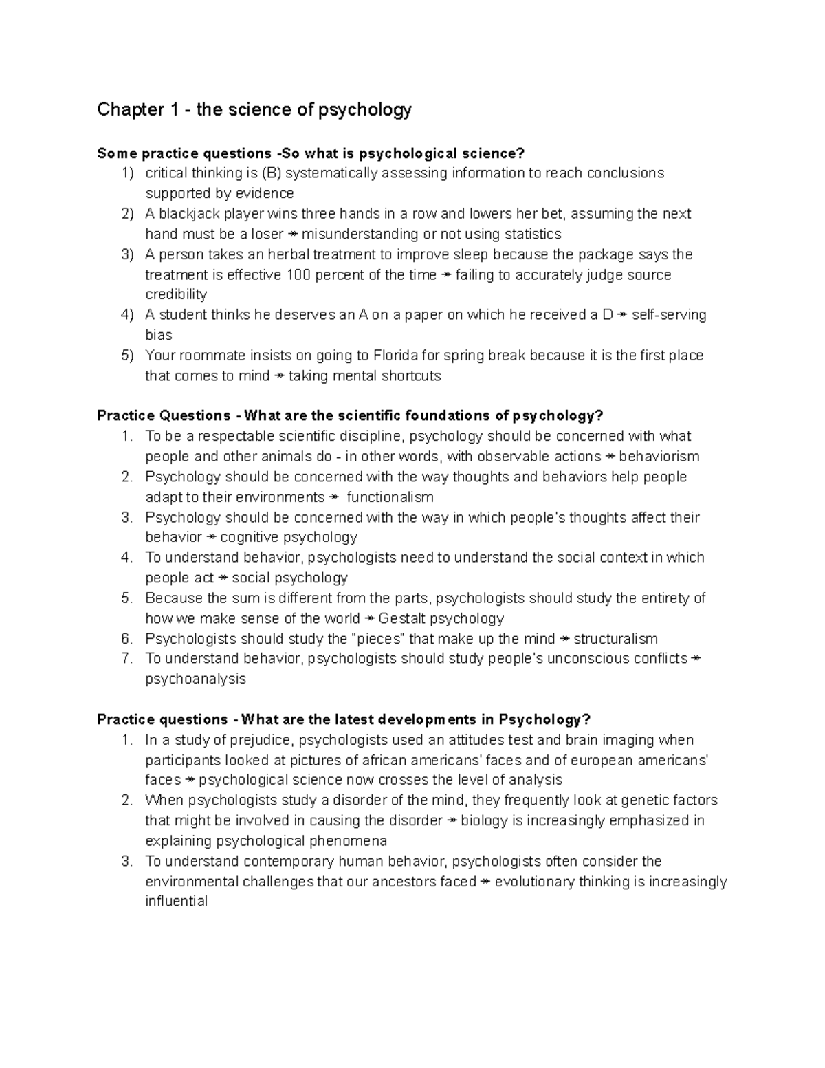 Practice Questions - Chapter 1 - the science of psychology Some ...