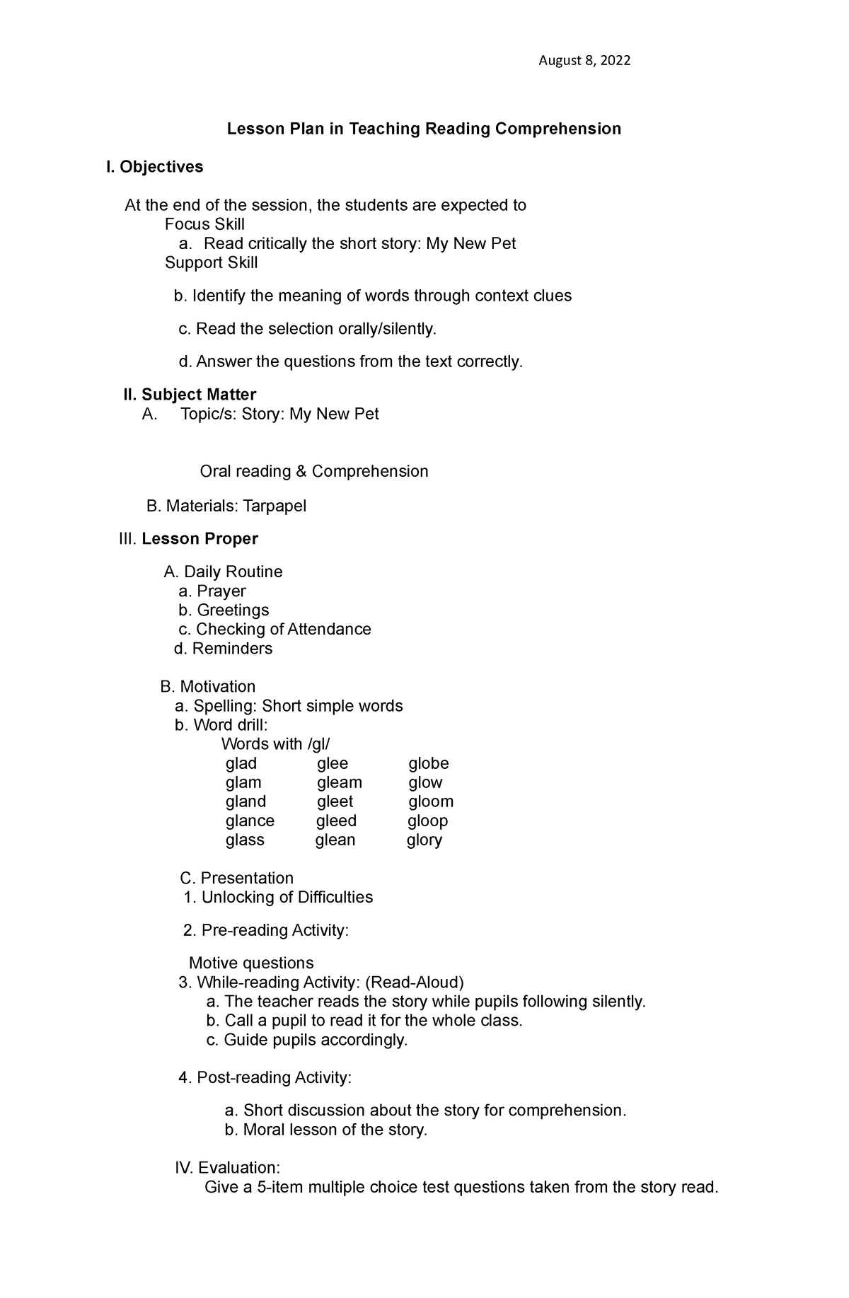 Lesson Plan in Remedial Reading - August 8, 2022 Lesson Plan in ...