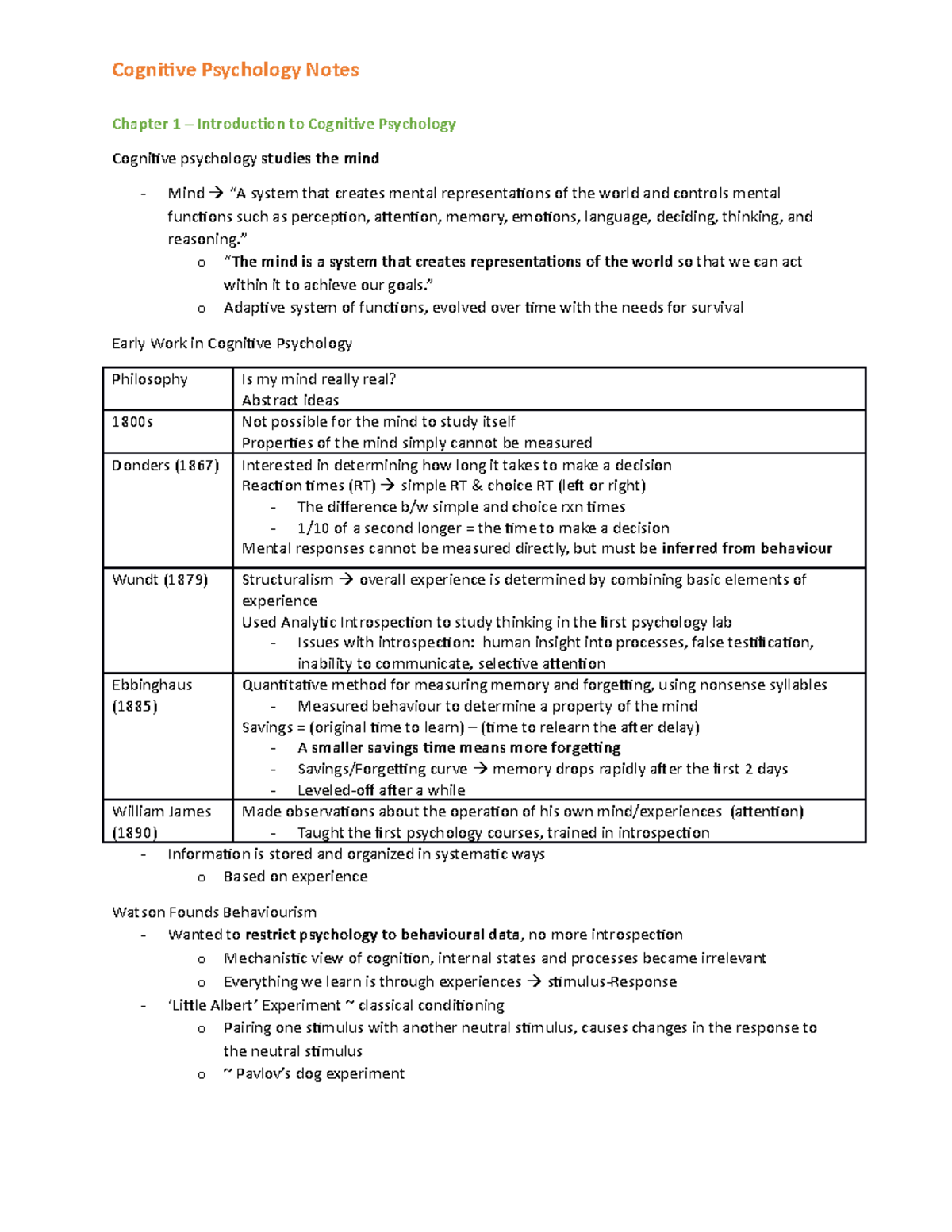 Notes Part 1 - chapters 1-4 - Chapter 1 – Introduction to Cognitive ...