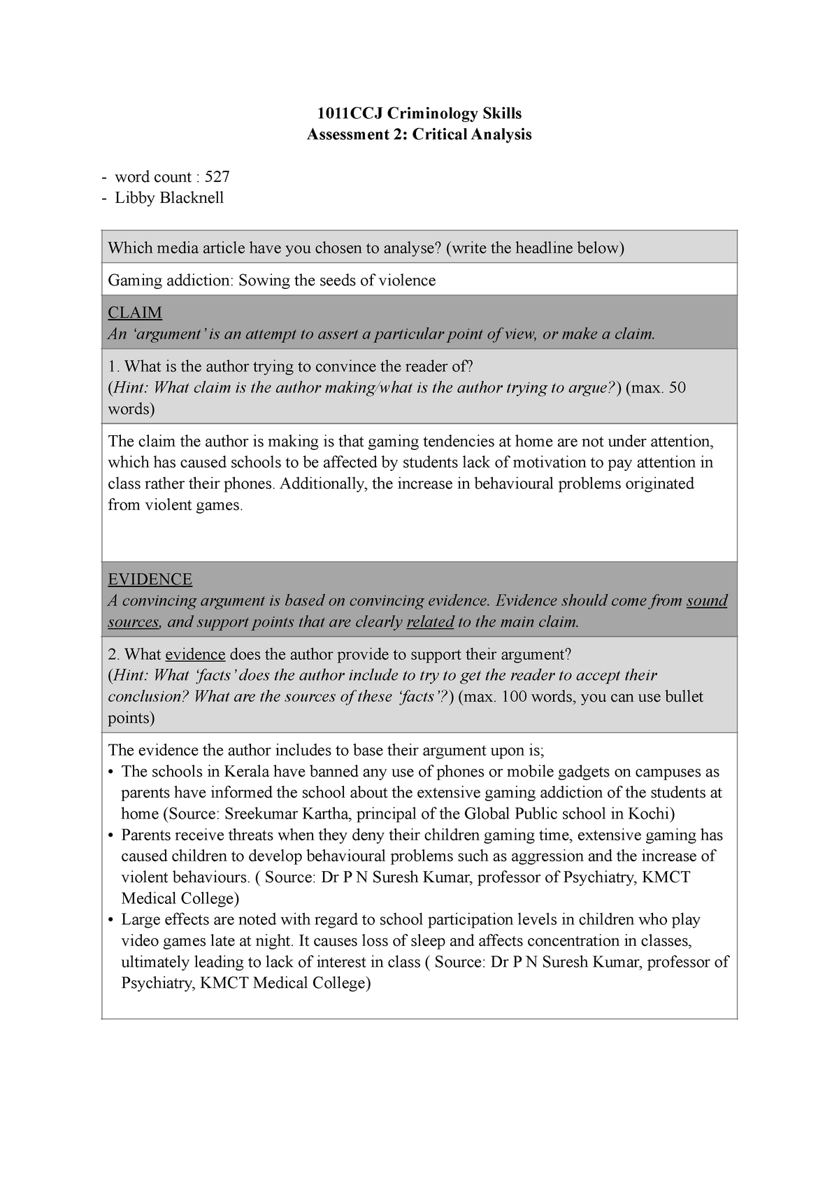 Blacknell Libby Critical Analysis 1011ccj 1011ccj Criminology Skills Assessment 2 Critical 9363