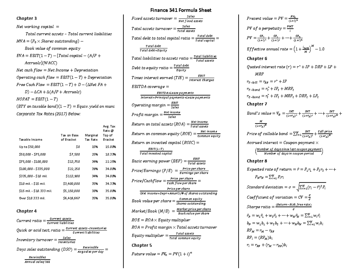 FINC 341 Formula Sheet - Finance 341 Formula Sheet Chapter 3 𝑁𝑒𝑡 ...