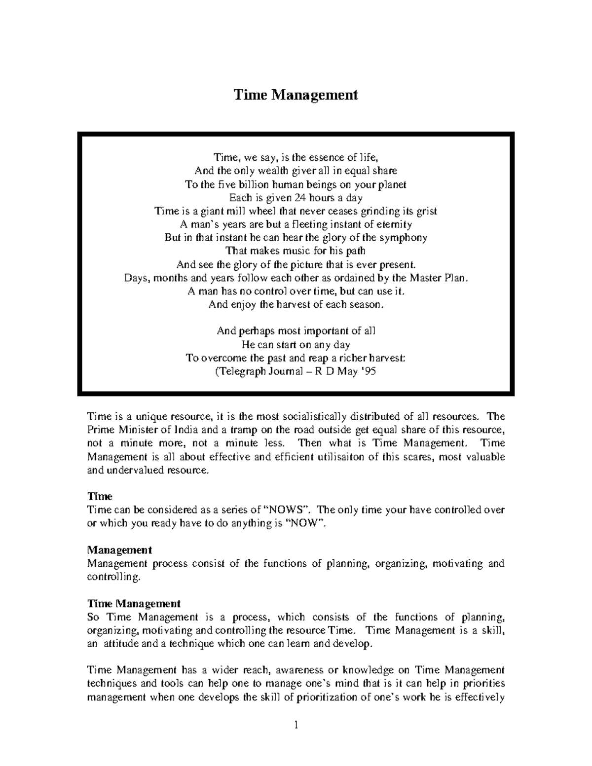 Timemgt - Work - Time Management Time, we say, is the essence of life ...
