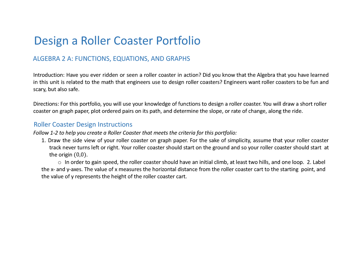 Design A Roller Coaster - Directions: For this portfolio, you will use ...