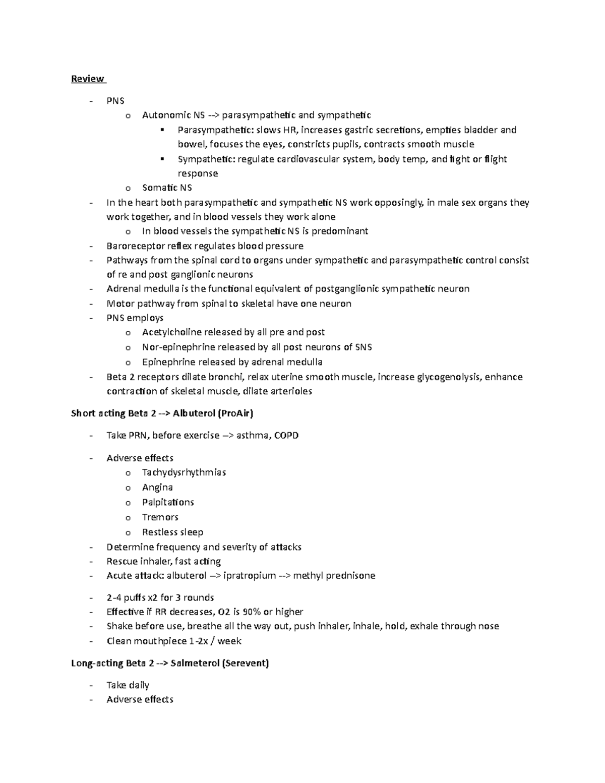 Nur 301 Exam 2 Respiratory - Review PNS o Autonomic NS ...