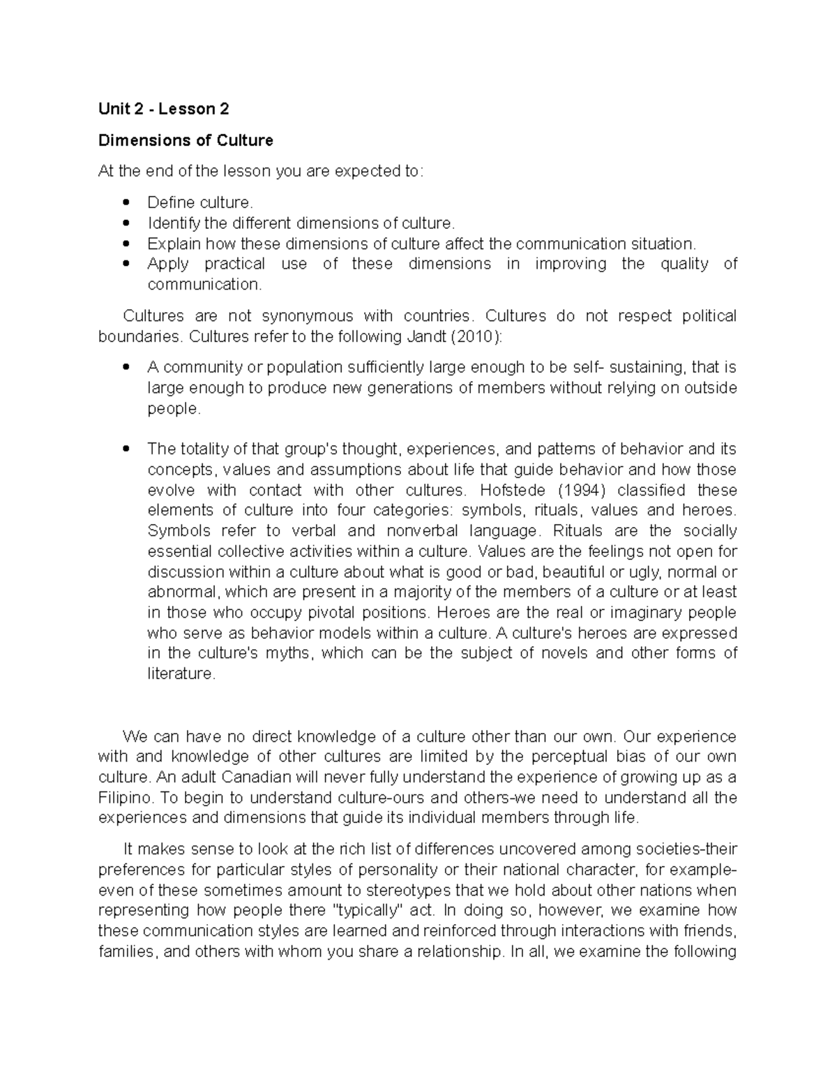 Dimensions Of Culture - Unit 2 - Lesson 2 Dimensions Of Culture At The 