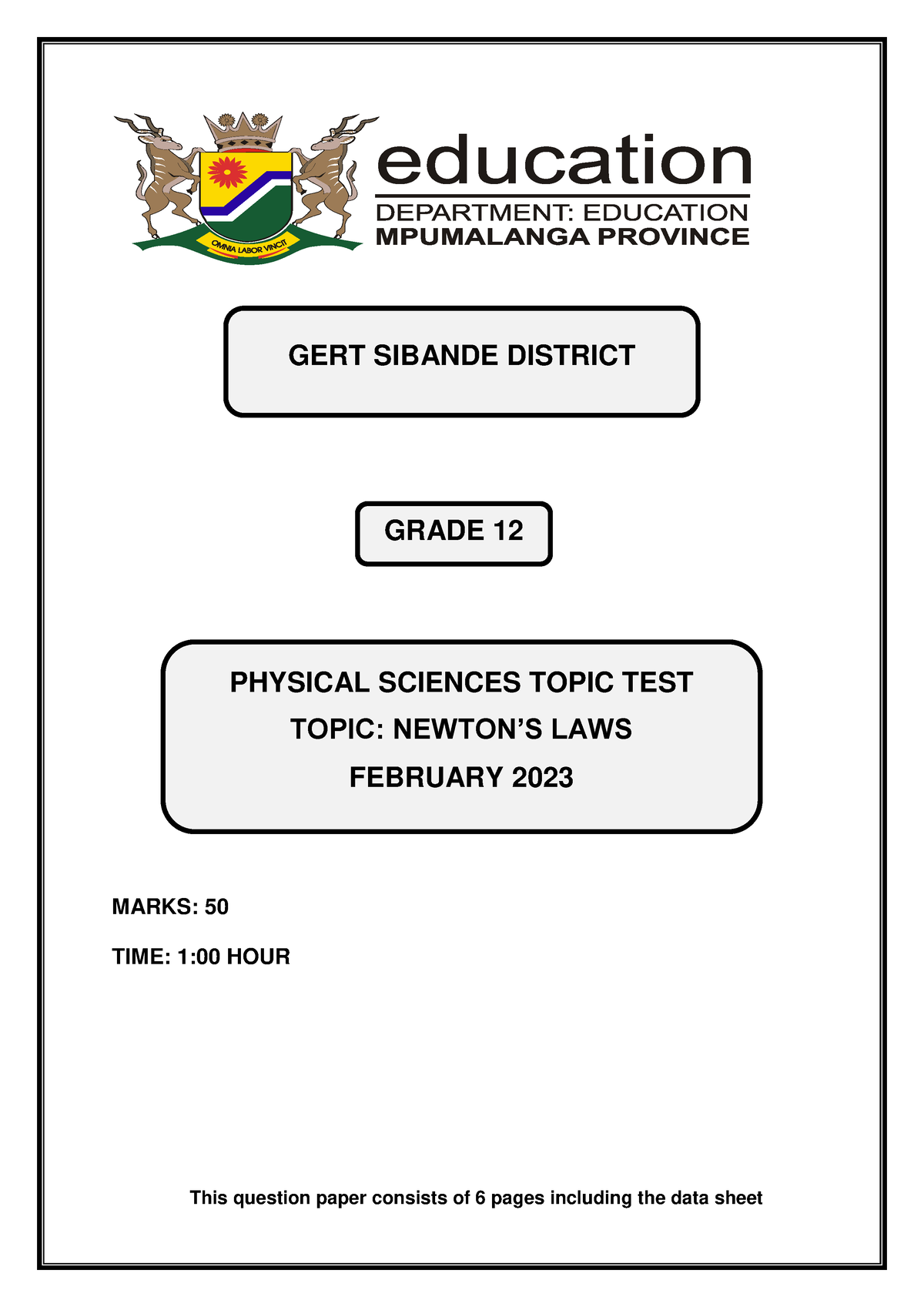 Topic TEST G 12 QP ( Newton'S LAWS) 2023 (F) - MARKS: 50 TIME: 1:00 ...