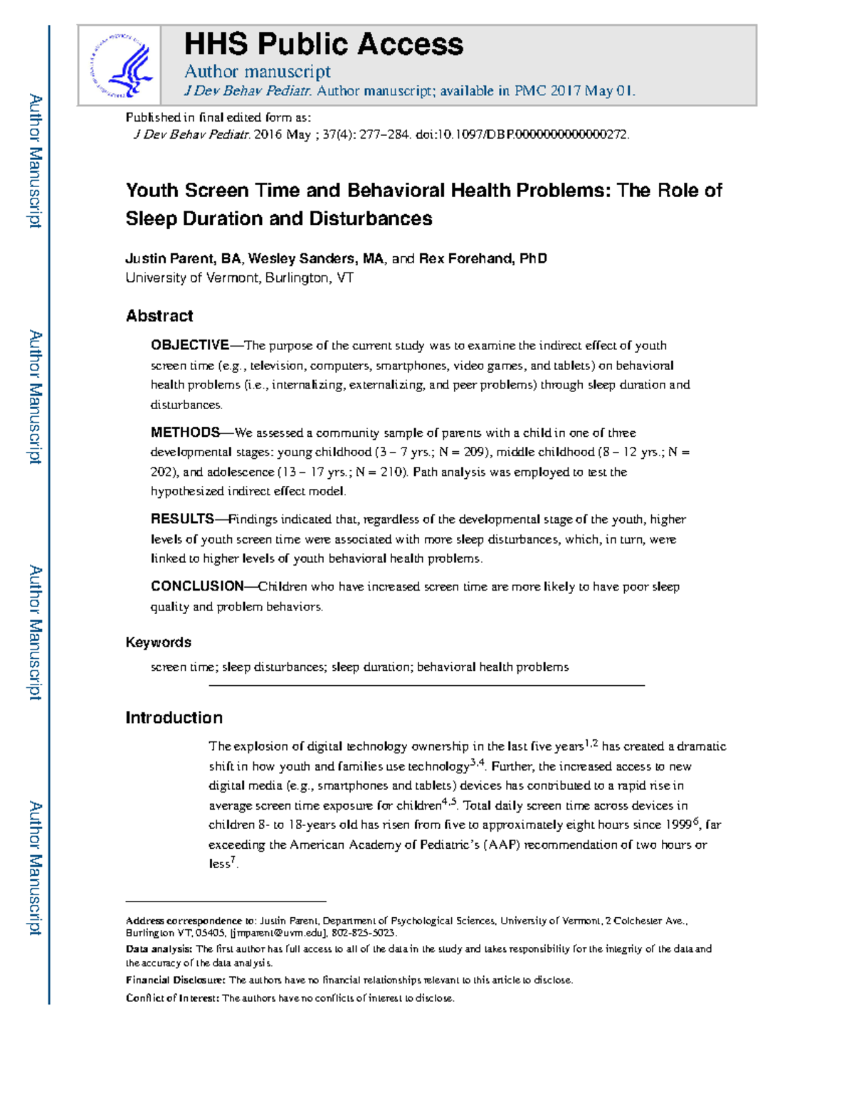 Youth Screen Time and Behavioral Health Problems - , television ...