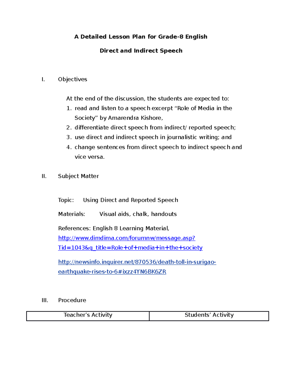 A Detailed Lesson Plan For Grade 8 Engli - A Detailed Lesson Plan For ...