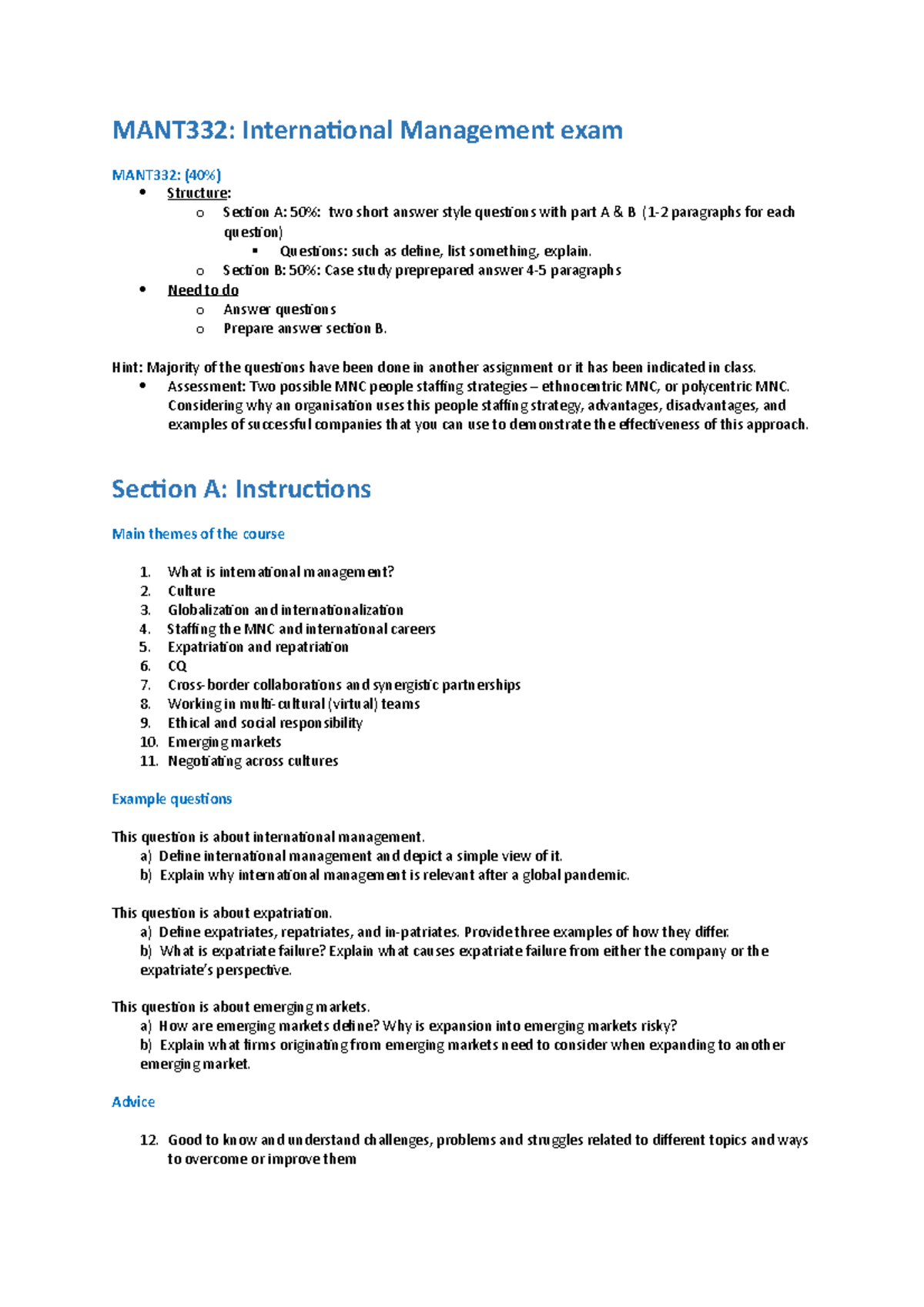 MANT332 Exam Notes - MANT332: International Management exam MANT332 ...