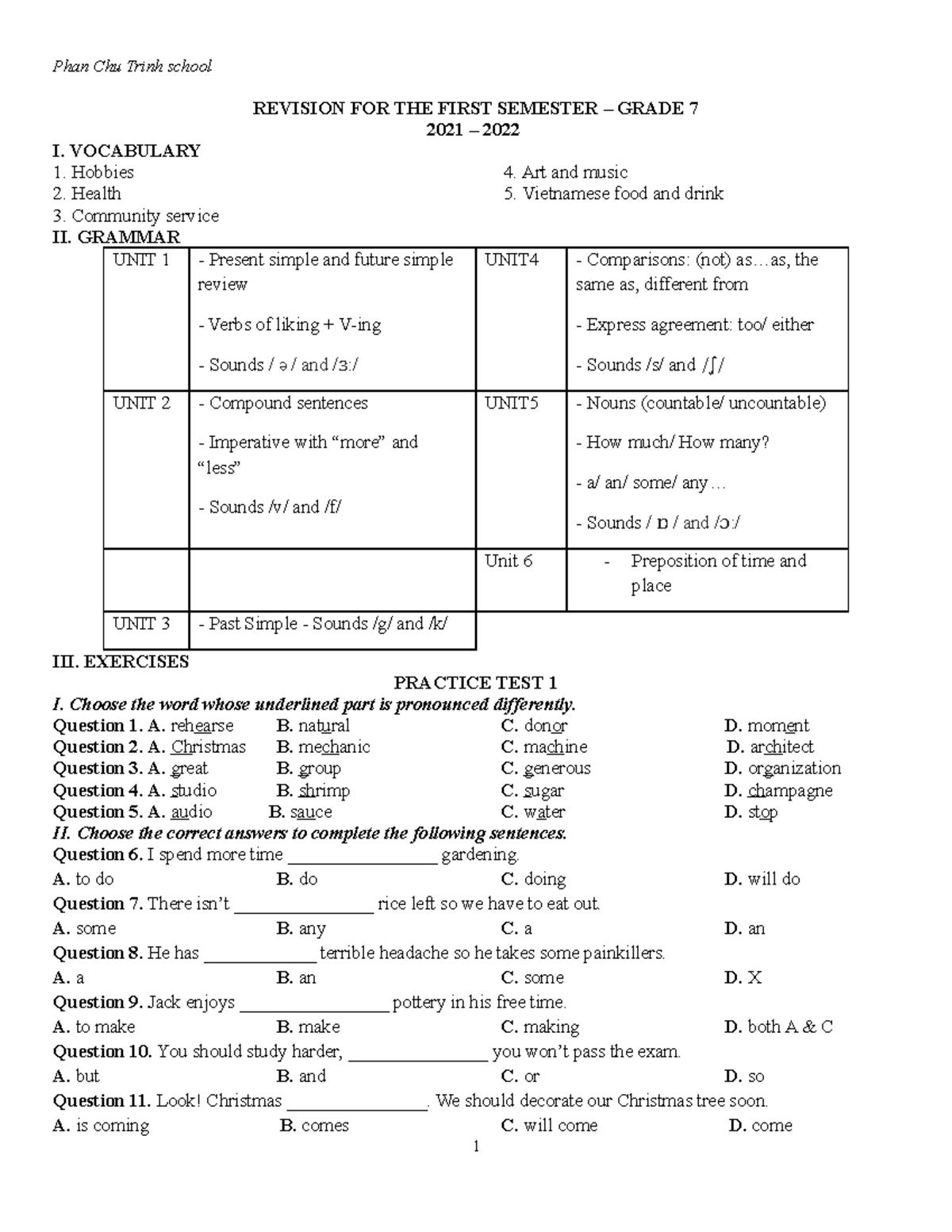 ĐỀ CƯƠNG ANH 7 2021-2022 - REVISION FOR THE FIRST SEMESTER – GRADE 7 ...