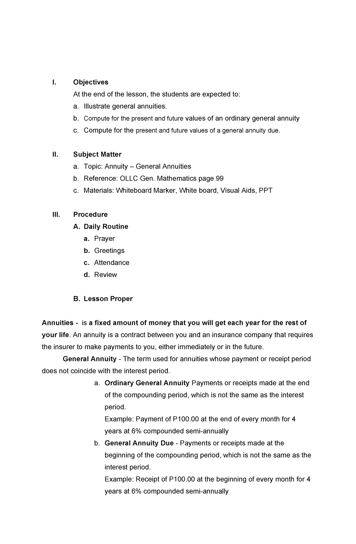 Lesson Plan in Annuity - General - I. Objectives At the end of the ...