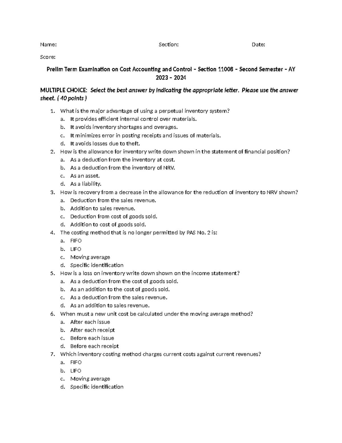Prelim Term Examination on Cost Accounting and Control - Section 11008 ...
