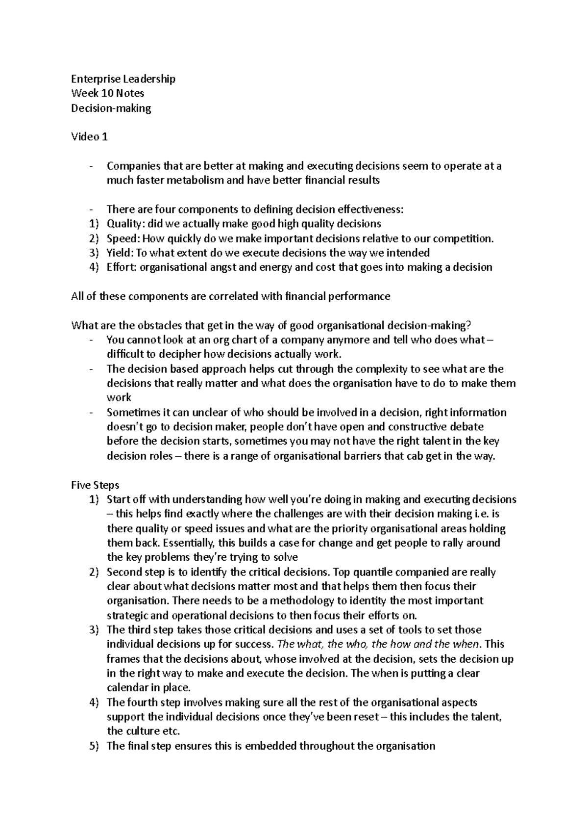 Module 10 - Decision Making Notes - Enterprise Leadership Week 10 Notes ...