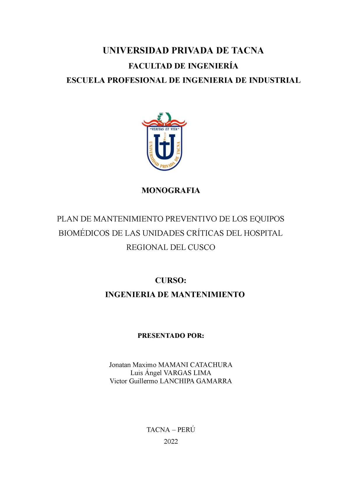 Grupo 03 Plan De Mantenimiento Sector Salud - Universidad Privada De 