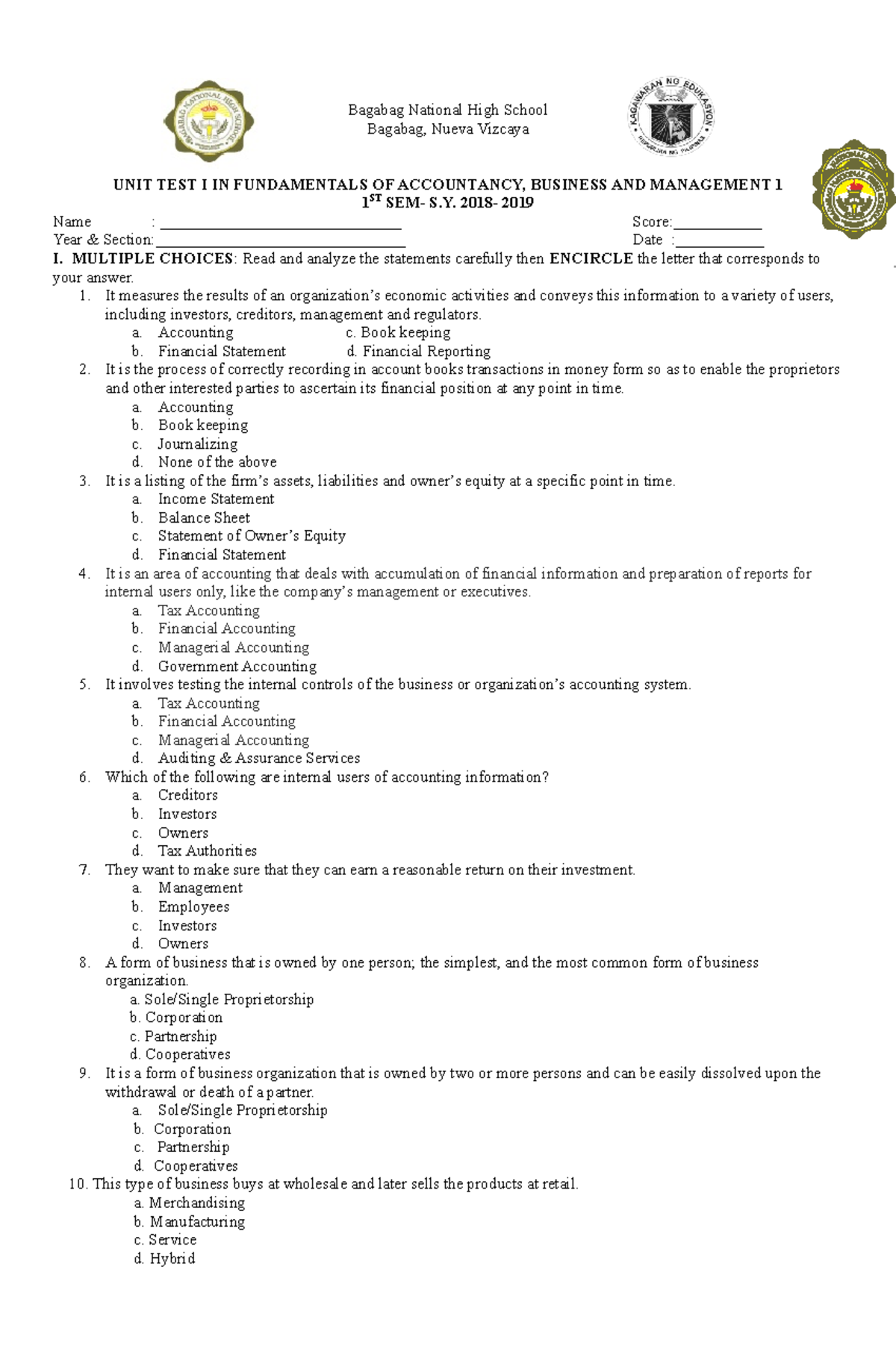 Unit test 1 -b - Review materials - Bagabag National High School ...