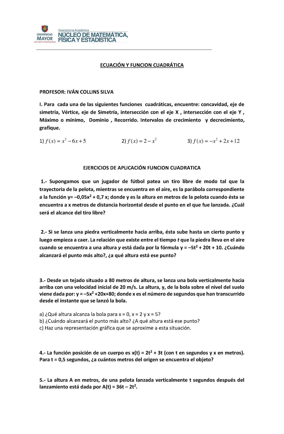 Guía De Ejercicios Función Cuadrática - ECUACI”N Y FUNCION CUADR¡TICA ...