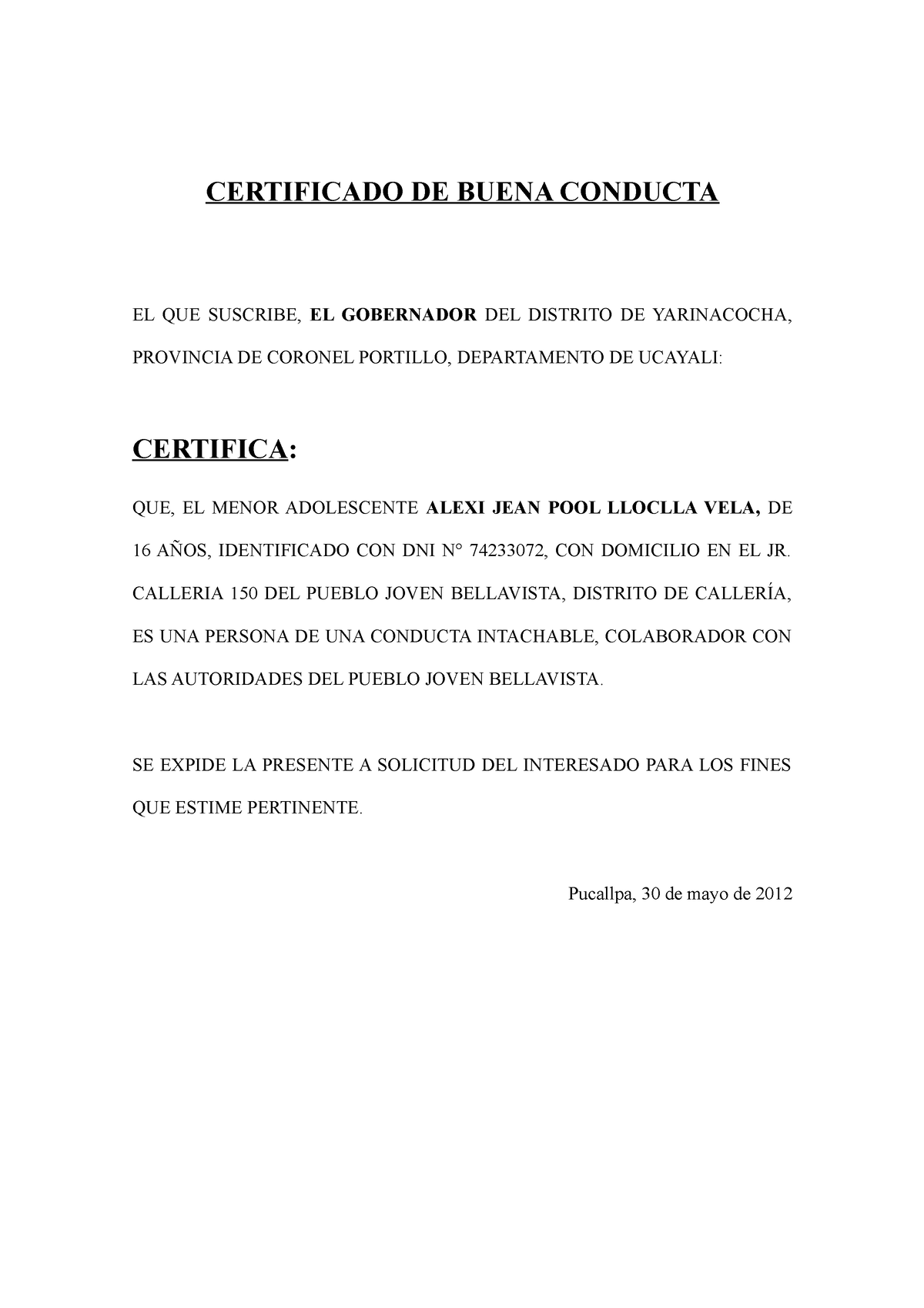 Constancia DE Buena Conducta - CERTIFICADO DE BUENA CONDUCTA EL QUE  SUSCRIBE, EL GOBERNADOR DEL - Studocu