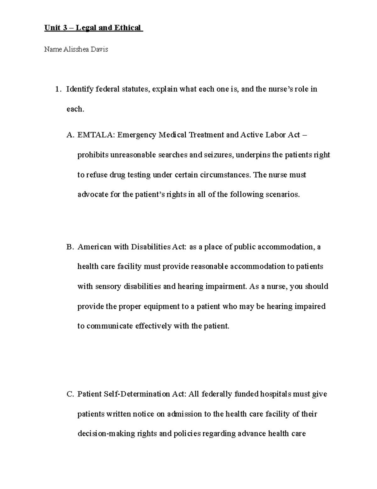 Unit 3 Focus Questions - Name Alisshea Davis Identify federal statutes ...