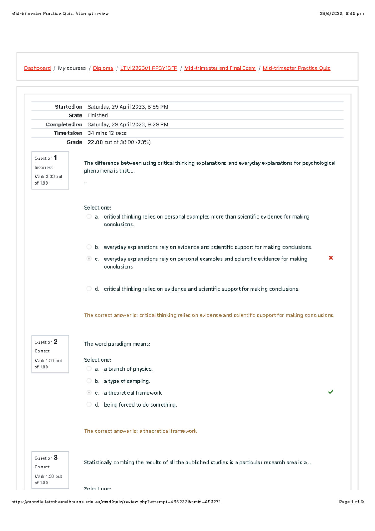 Midtrimester Practice Quiz Attempt review Dashboard / My courses