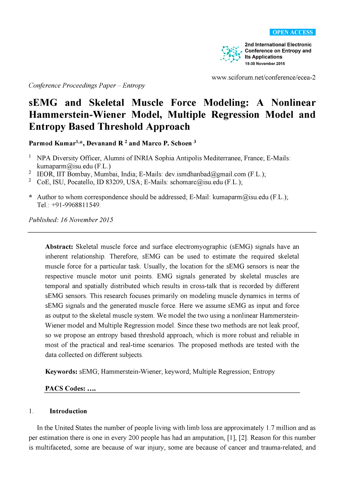 S Emg And Skeletal Muscle Force Modeling - Sciforum Conference Ecea 