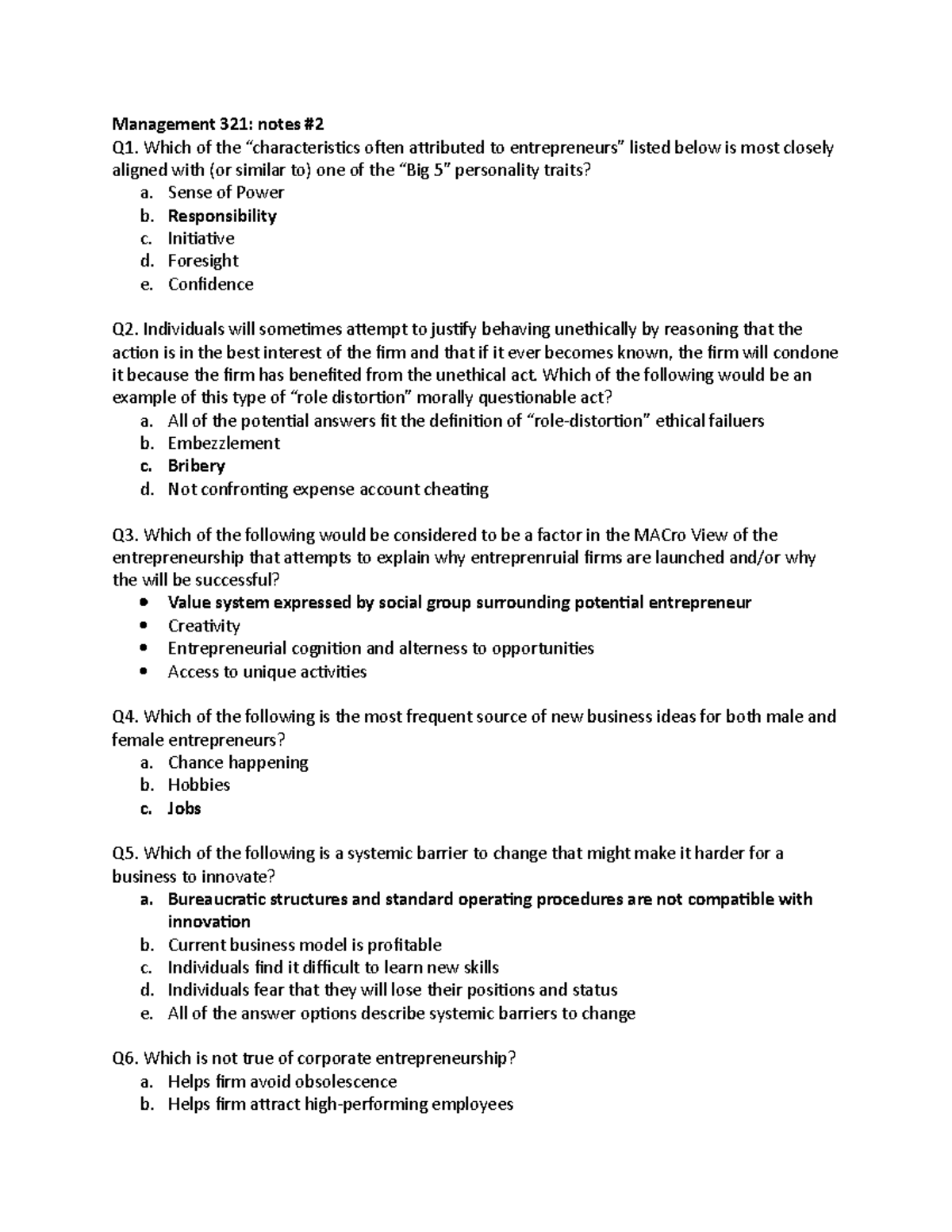 Management 321 - exam #2 notes - Management 321: notes #2 Q1. Which of ...