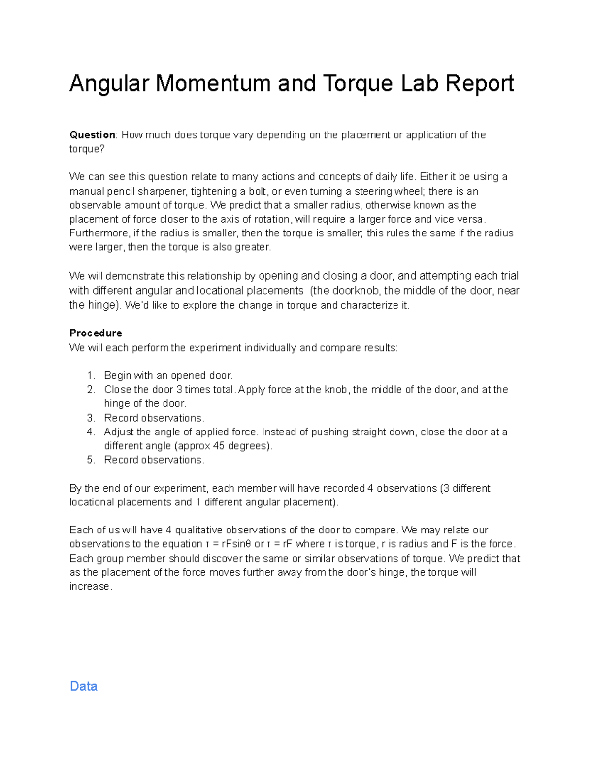 Angular Momentum and Torque Lab Report - Angular Momentum and Torque ...