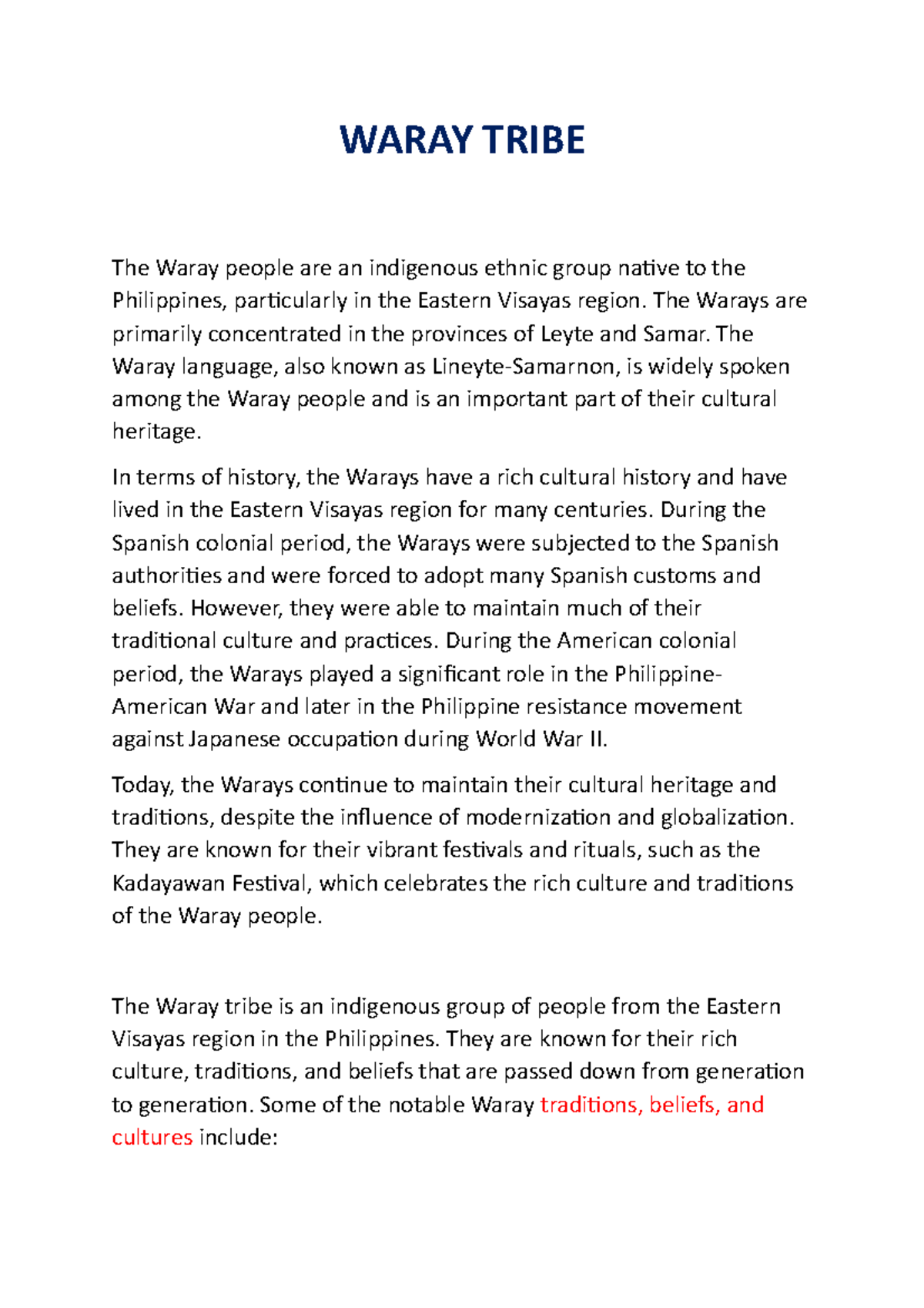 Waray Tribe - LECTURES NOTES - WARAY TRIBE The Waray people are an ...